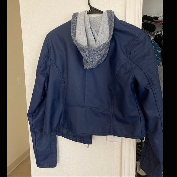 Navy blue leather jacket with hood - Picture 2 of 2